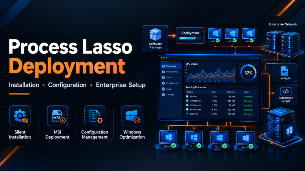 Process Lasso Deployment showing installation, configuration management, MSI deployment, and Windows enterprise setup