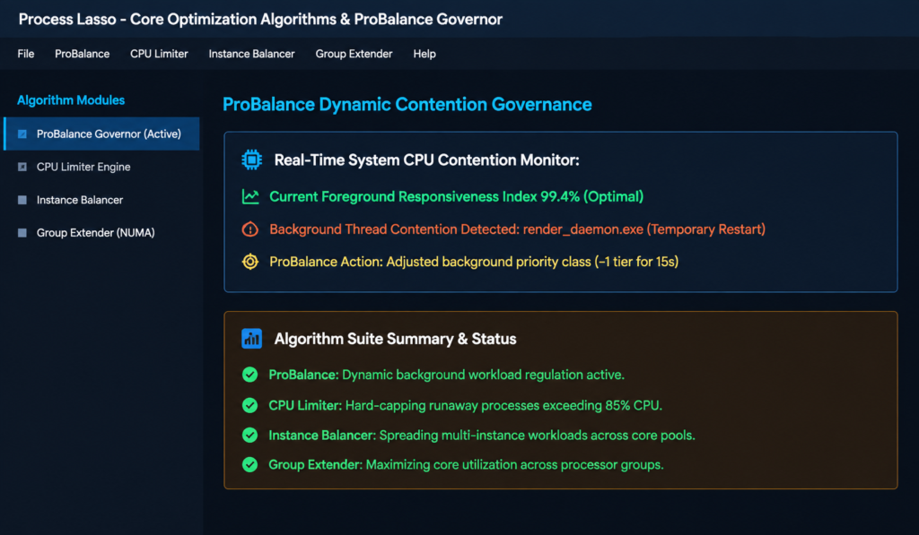 Process Lasso algorithm dashboard showing ProBalance CPU optimization and system workload management