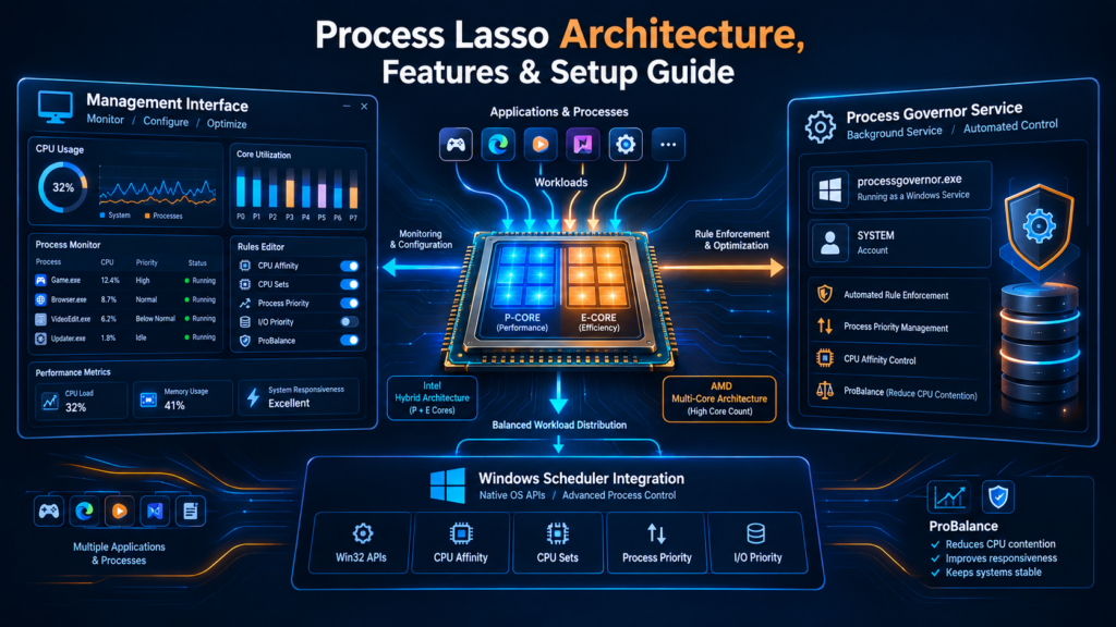 Process Lasso setup guide showing process governor service, management interface, Windows scheduler integration, and CPU optimization workflow