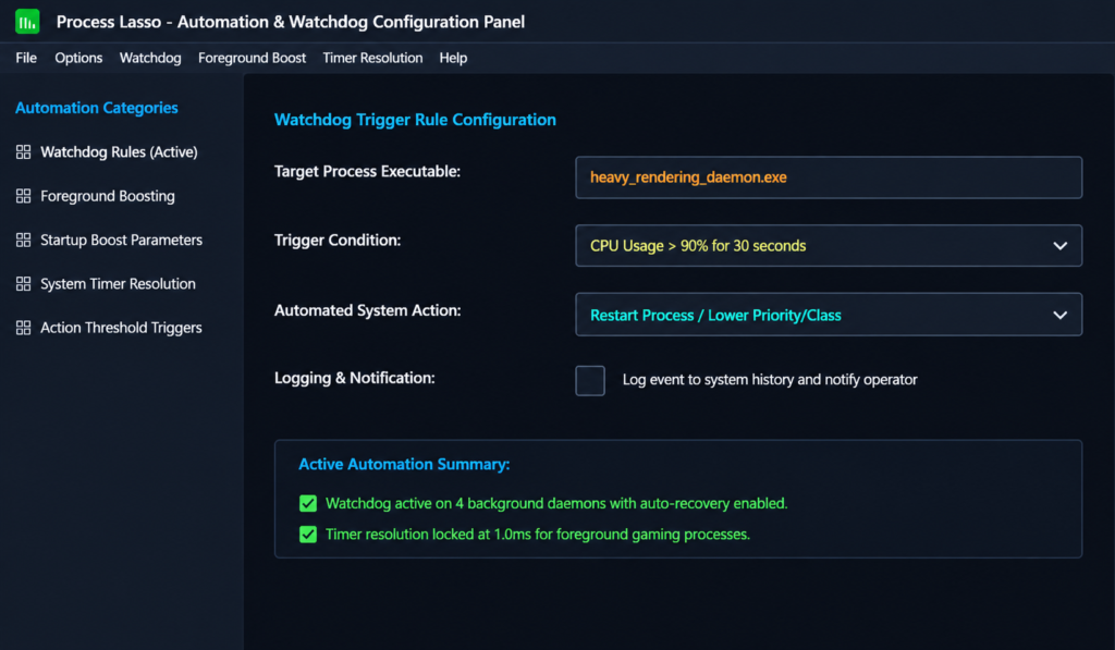  Process Lasso Automation rules applying panel showing watchdog trigger rules and system action parameters