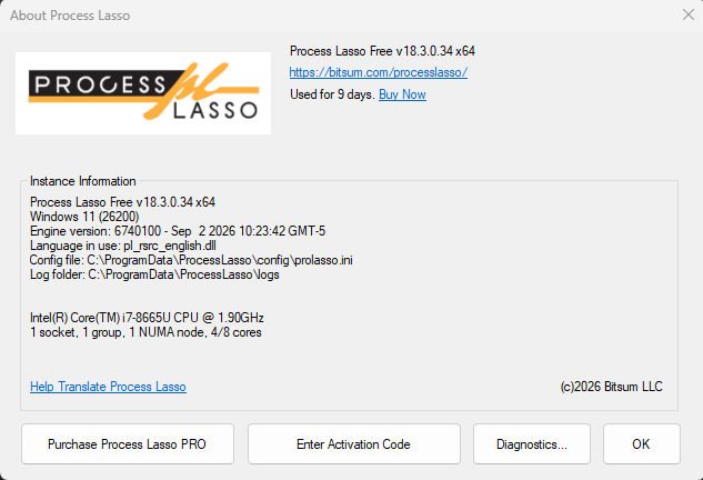 Process Lasso changelog About dialog box showing current software version and build number