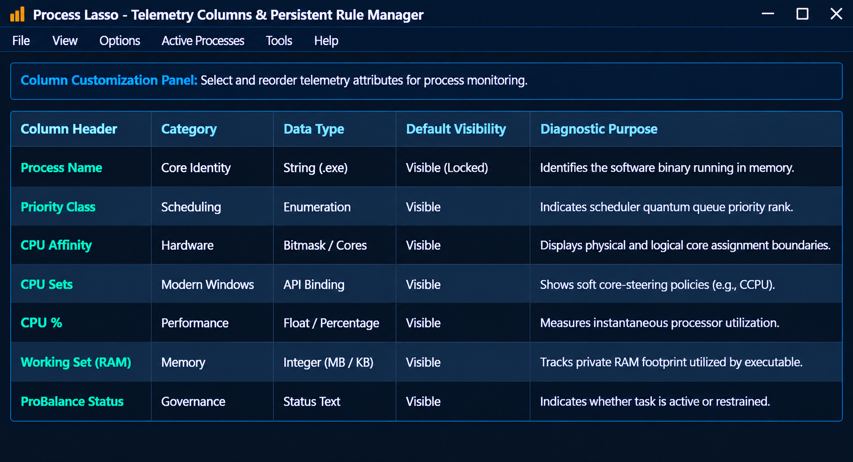  Process Lasso telemetry columns displaying priority classes, CPU affinities, CPU Sets, and RAM footprints
