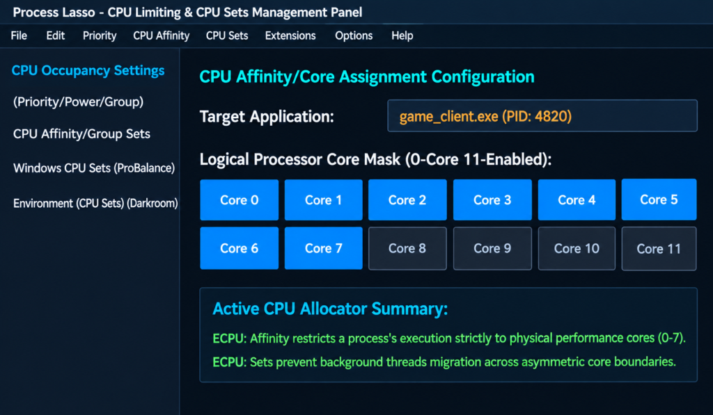 Process Lasso CPU Rules management panel showing CPU affinity and core assignments