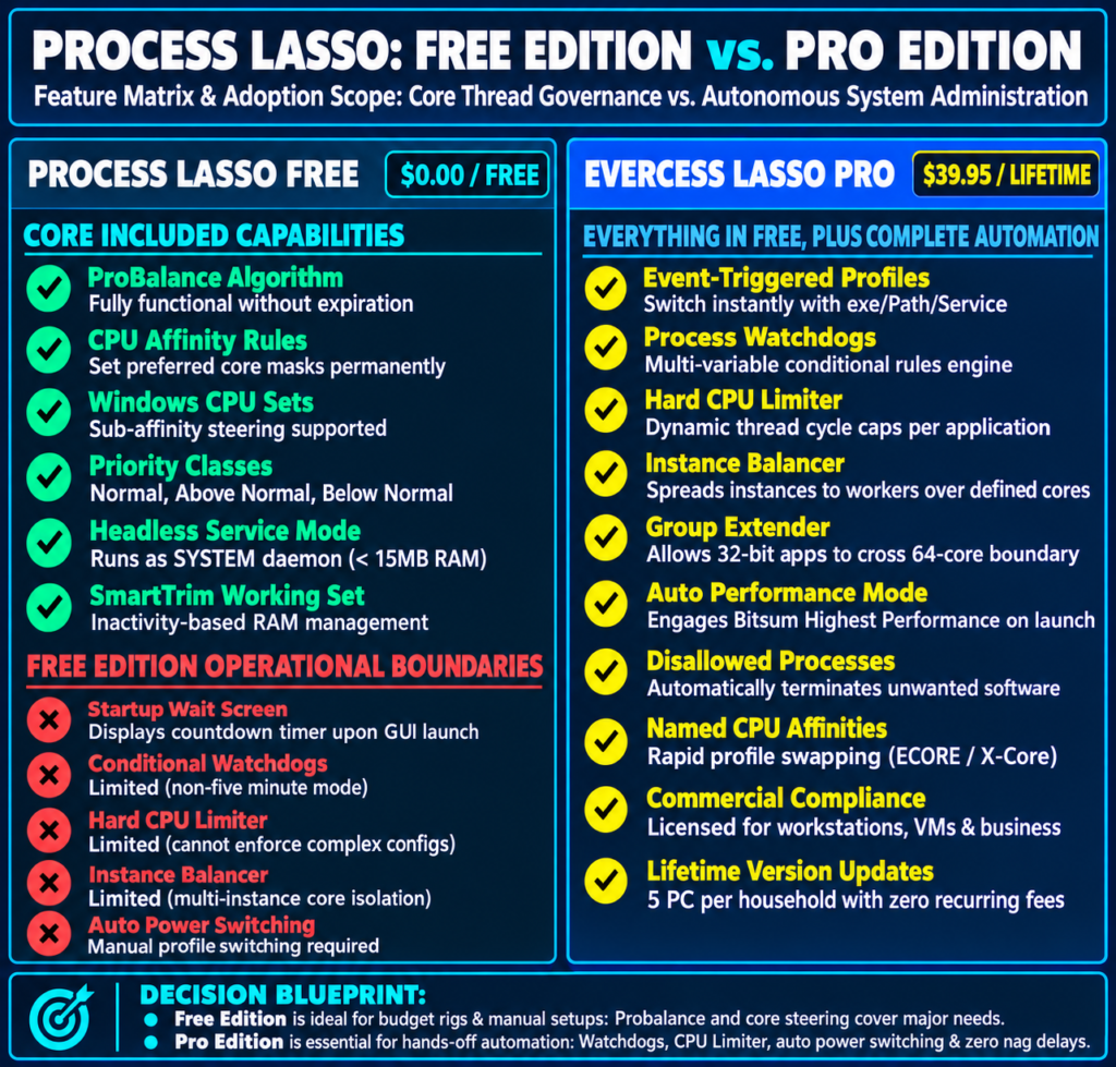 Process Lasso Free vs Pro feature comparison matrix showing core thread optimization versus advanced automation capabilities.
