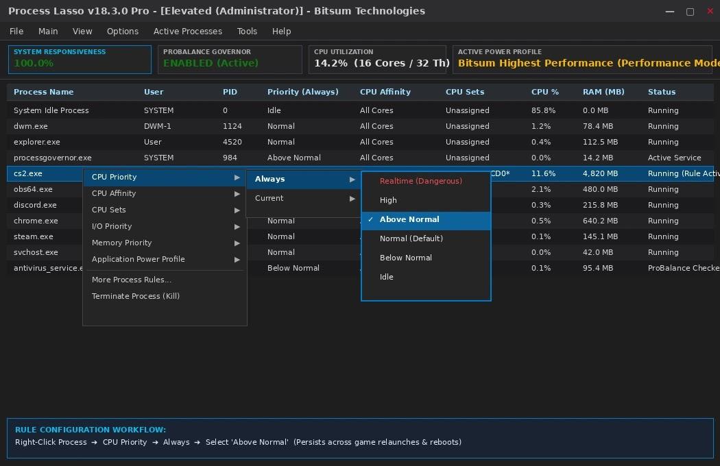 Process Lasso context menu showing options to set persistent CPU priority and core affinity rules