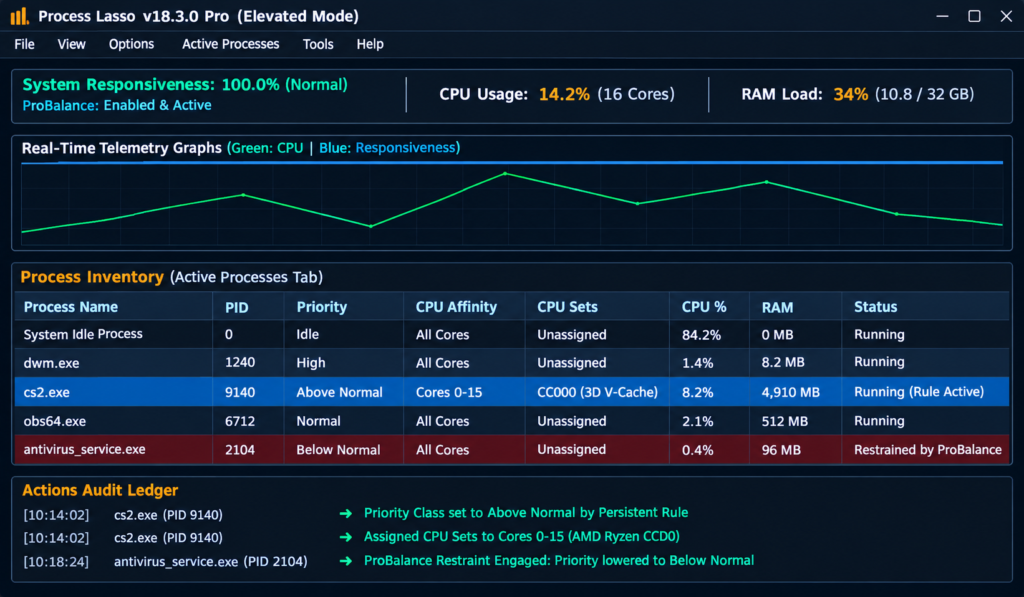  Process Lasso main window UI mockup showing status header, menu strip, and telemetry cards
